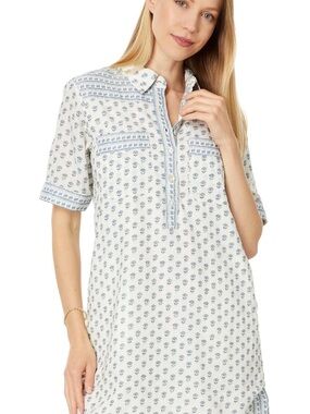 Faherty Women XL Rae Linen Shirtdress Lotus Floral Block Print Blue and White